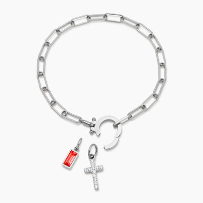 Paperclip Birthstone Cross Charm Bracelet