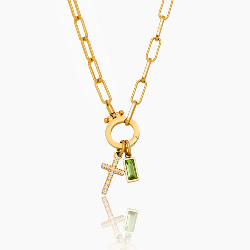 Paperclip Birthstone Cross Charm Necklace
